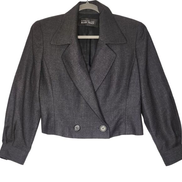Linda Allard Ellen Tracy Blazer‎ Dbl Breasted Cropped Size 8 100% Wool Dark Gray - Picture 1 of 11